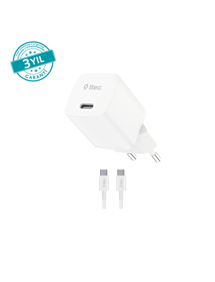 ttec SmartCharger GAN 20W PD Seyahat Hızlı Şarj Aleti + USB-C - USB-C 60W  Kablo Beyaz