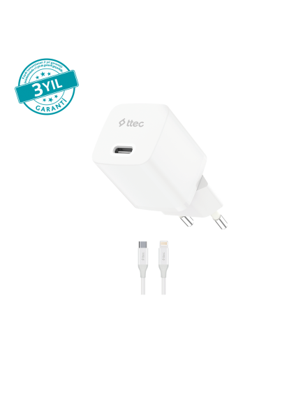 ttec SmartCharger GAN 30W PD Seyahat Hızlı Şarj Aleti + USB-C - Lightning 150cm Kablo 2SCG30LB Beyaz