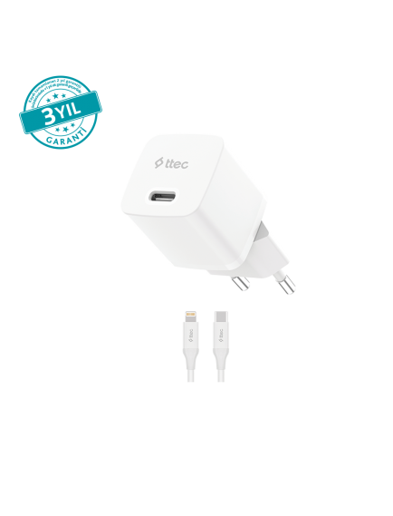 ttec SmartCharger GAN 30W PD Seyahat Hızlı Şarj Aleti + USB-C - Lightning 150cm Kablo Beyaz