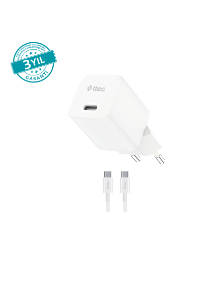 ttec SmartCharger GAN 30W PD Seyahat Hızlı Şarj Aleti + USB-C - USB-C 3A Kablo 2SCG30CB Beyaz