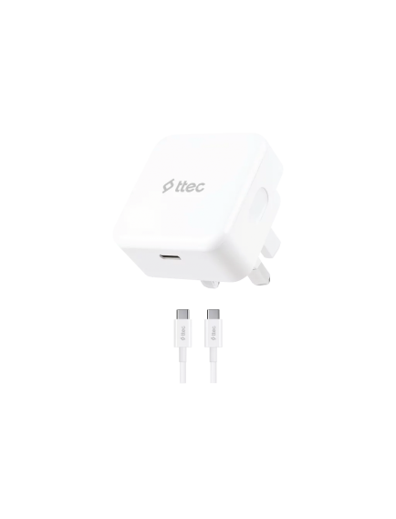 ttec SmartCharger PD 20W İngiltere (UK) Katlanır Seyahat Hızlı Şarj Aleti + USB-C - USB-C 60W Kablo Beyaz