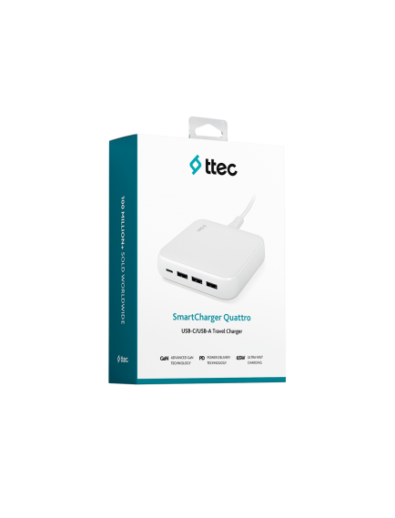 ttec SmartCharger Quattro GaN 65W PD Seyahat Hızlı Şarj Aleti USB-C + 3 USB-A Beyaz