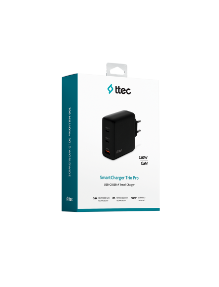 ttec SmartCharger Trio GAN 120W PD Seyahat Hızlı Şarj Aleti 2 USB-C+USB-A Siyah
