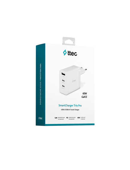 ttec SmartCharger Trio GAN 65W PD Seyahat Hızlı Şarj Aleti 2 USB-C+USB-A Beyaz