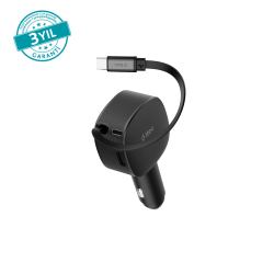 ttec SmartCharger Trio PD 60W Araç Hızlı Şarj Aleti USB-C+USB-A + Dahili PD 30W 70cm USB-C Şarj Kablosu Siyah