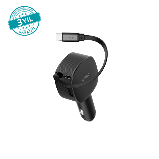 ttec SmartCharger Trio PD 60W Araç Hızlı Şarj Aleti USB-C+USB-A + Dahili PD 30W 70cm USB-C Şarj Kablosu Siyah