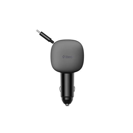ttec SmartCharger Trio PD 60W Araç Hızlı Şarj Aleti USB-C+USB-A + Dahili PD 30W 70cm USB-C Şarj Kablosu Siyah