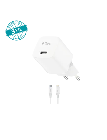 ttec SmartCharger GAN 30W PD Seyahat Hızlı Şarj Aleti + USB-C - Lightning 150cm Kablo 2SCG30LB Beyaz