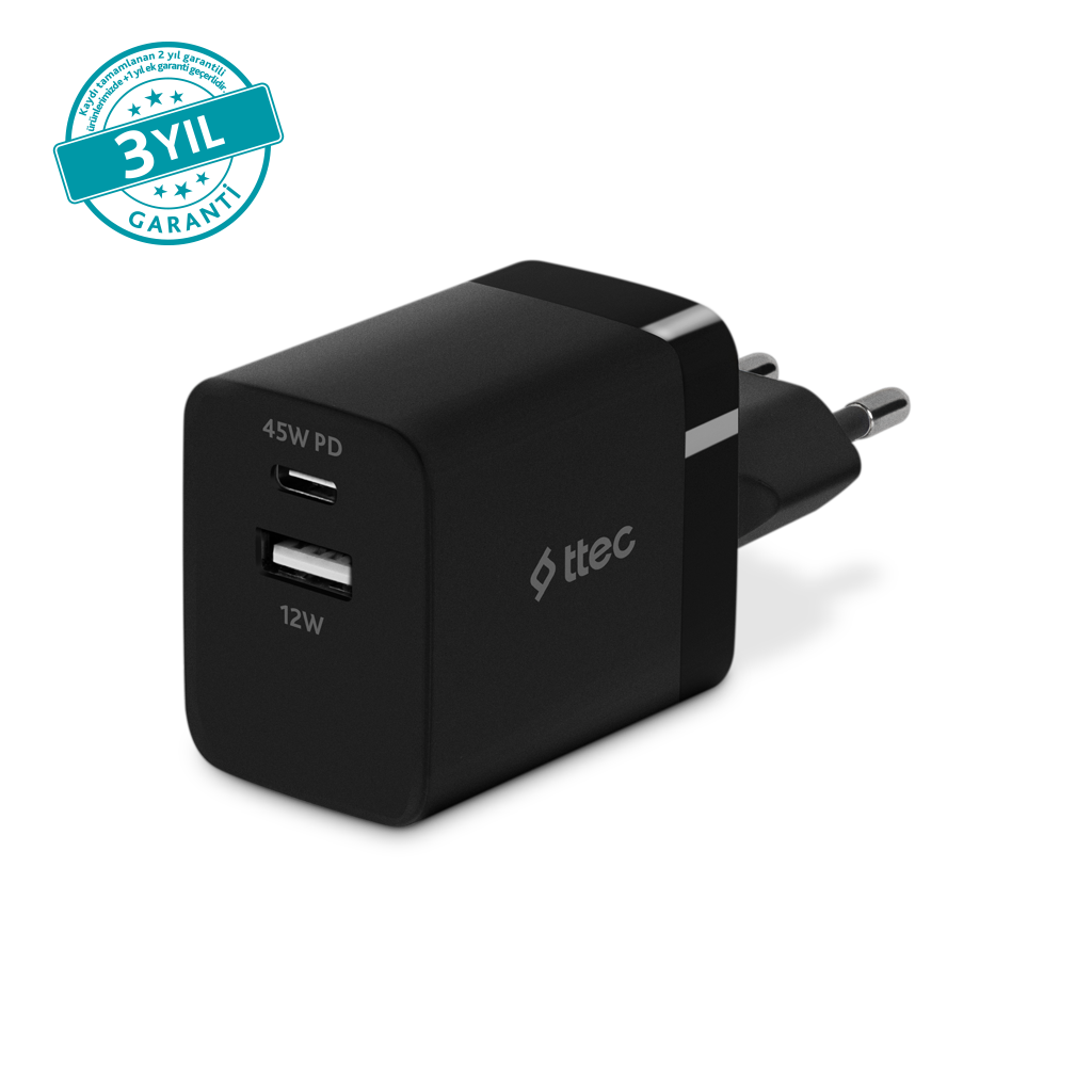 ttec SmartCharger Duo PD 45W Seyahat Hızlı Şarj Alet...