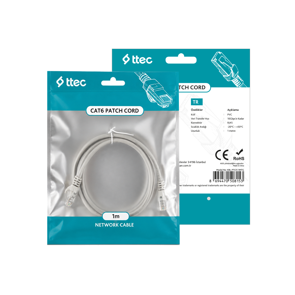 ttec KBL-PTCH-1MTG - CAT6 Patch Kablo 1m Gri (TSS)