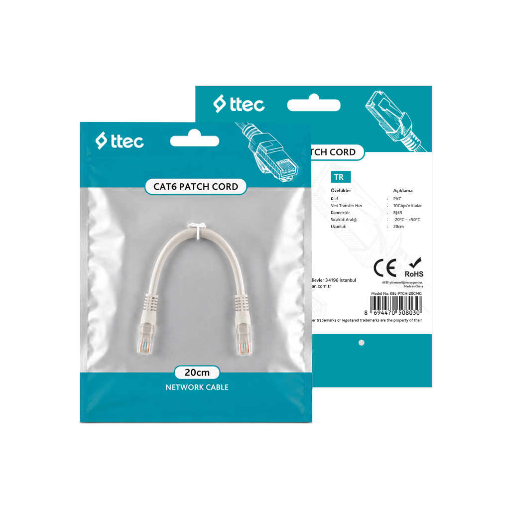ttec KBL-PTCH-20CMG  - CAT6 Patch Kablo 20cm Gri (TSS)