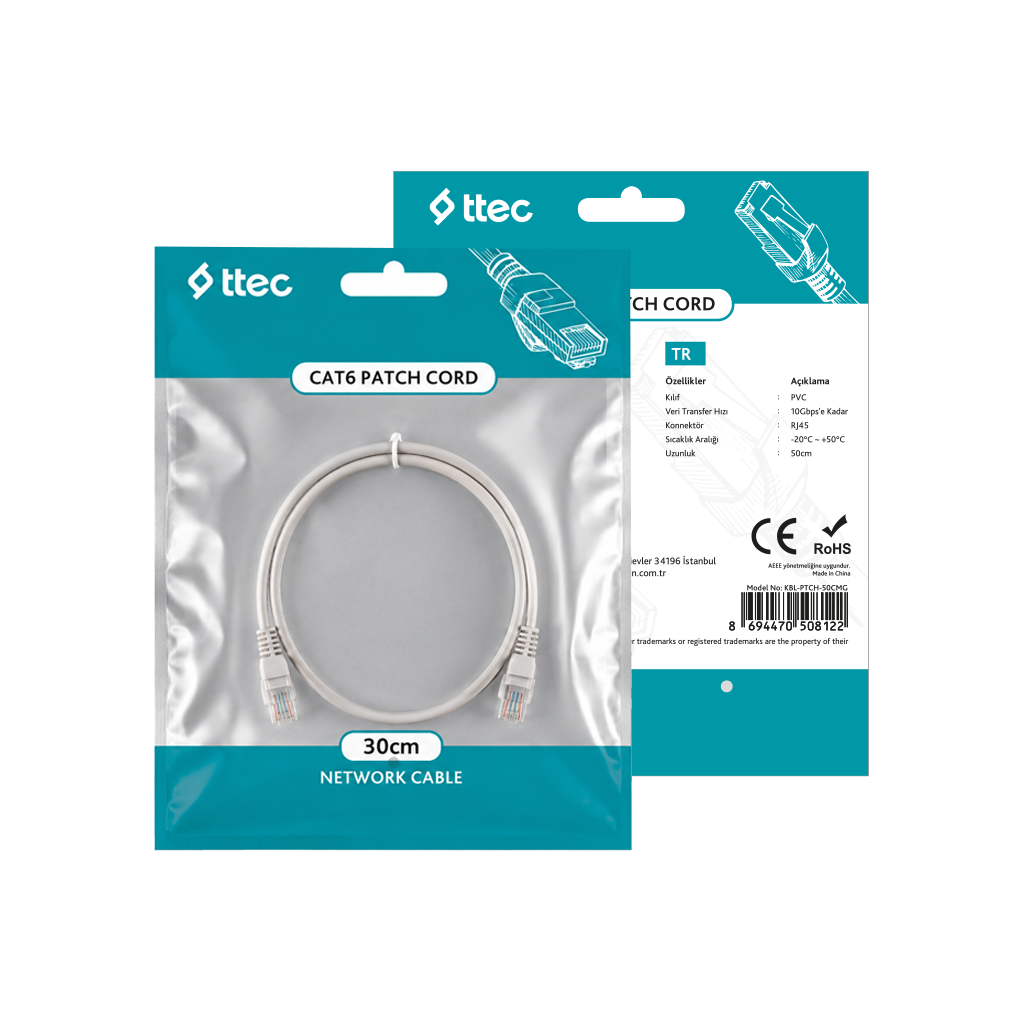 ttec KBL-PTCH-30CMG - CAT6 Patch Kablo 30cm Gri (TSS)