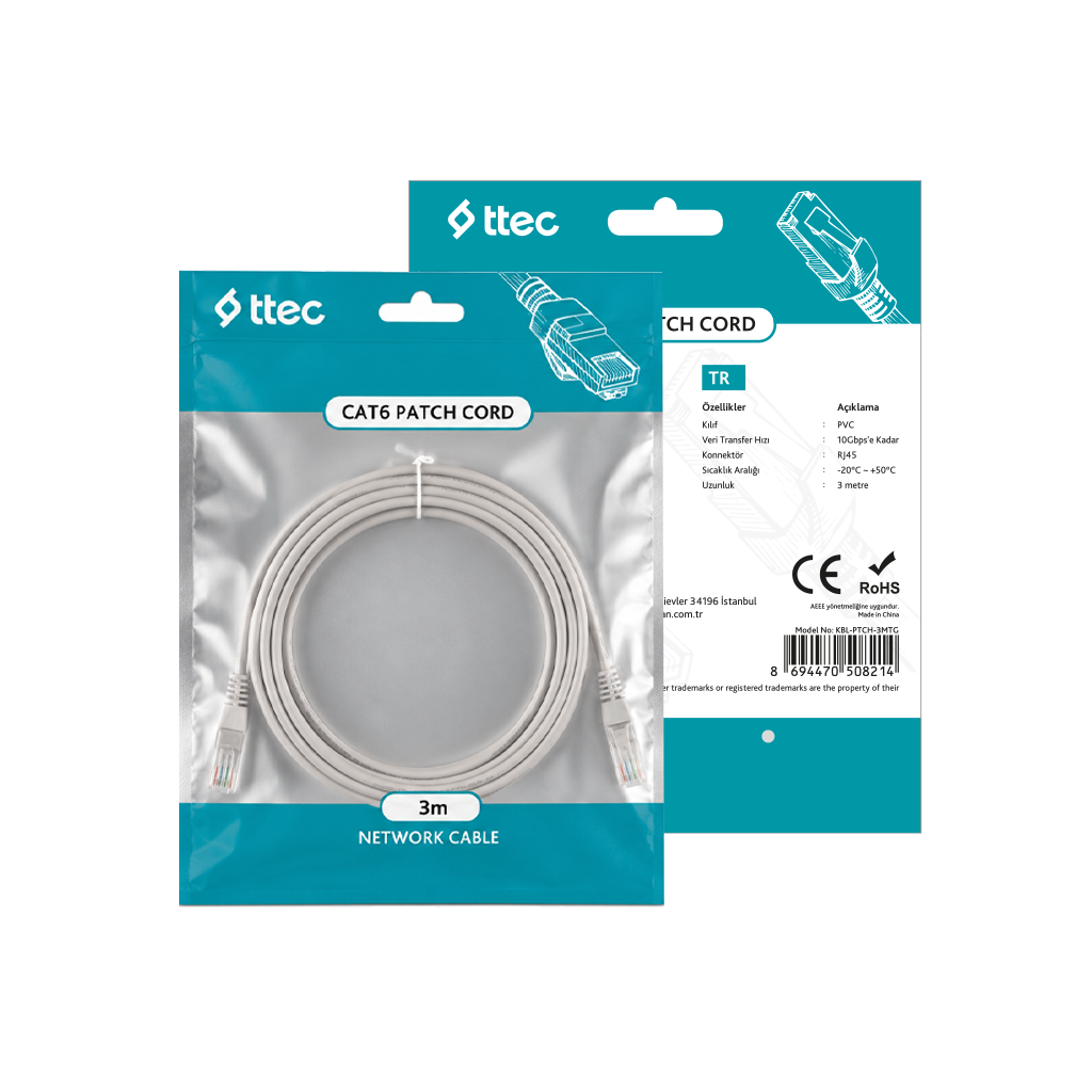 ttec KBL-PTCH-3MTG - CAT6 Patch Kablo 3m Gri (TSS)